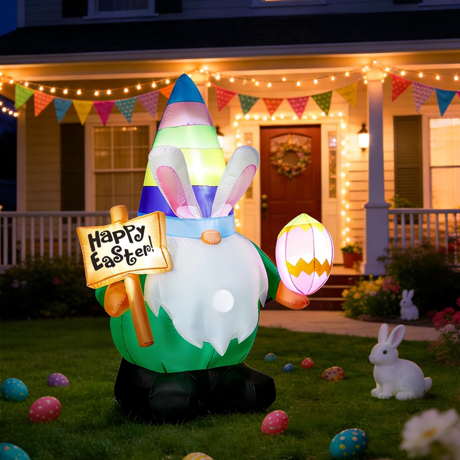 Dawdix 4.6 FT Easter Inflatable Gnome Outdoor Decoration, Blow Up Rabbit Gnome Holding Eggs with Built-in LEDs for Lawn Yard Garden Decor